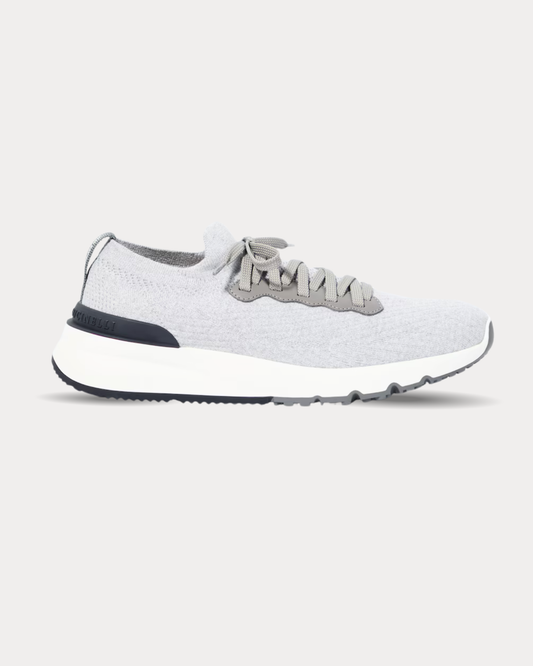 Brunello Cucinelli - Leather-Trimmed Stretch-Knit Gray low top sneakers
